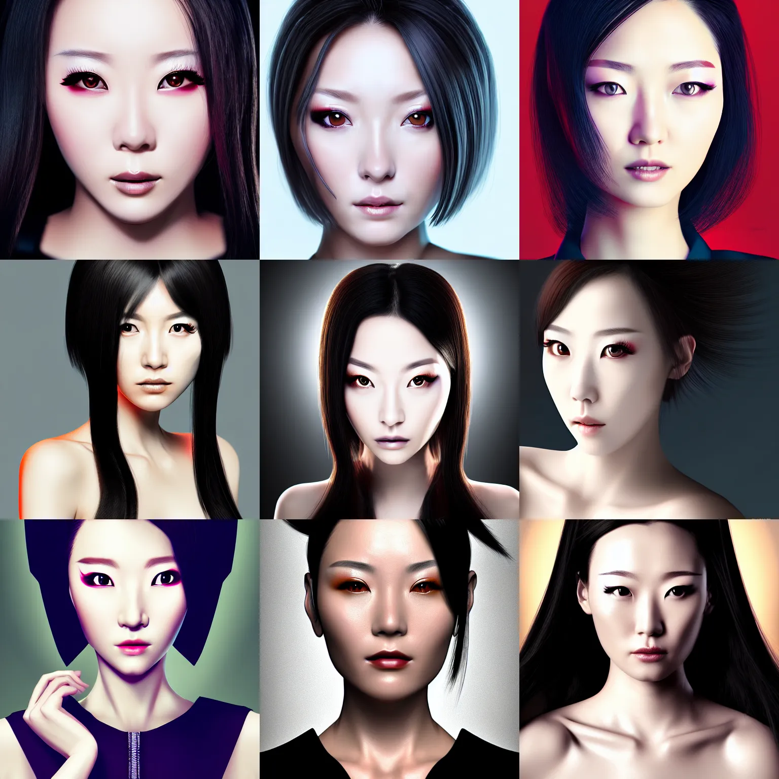 Prompt: headshot portrait of a posh seductive cyberpunk woman, japanese heritage, high detail, soft studio lighting, full frontal lighting, digital photography, hyper realistic style, realistic style