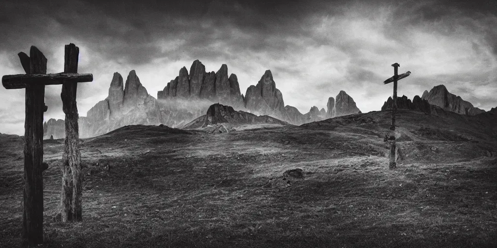 Prompt: photography of old occult sign built from farmer sickles, centered, no repition, dark, black and white, dolomites in background, dolomites, dark, eerie, despair, artstation, digital art, adward winning