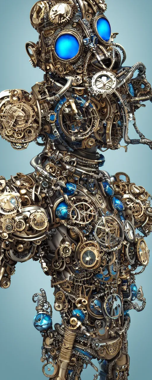 Image similar to Portrait of a steampunk sci-fi cyborg pirate bionic man, third person, D&D, sci-fi fantasy, cogs and springs, shiny jewels, intricate, gold with blue and teal fringe highlights, highly detailed, art by Range Murata, highly detailed, 3d, octane render, bright colors, digital painting, trending on artstation, sharp focus, illustration style of Stanley Artgerm, highly detailed background in a cinematic style