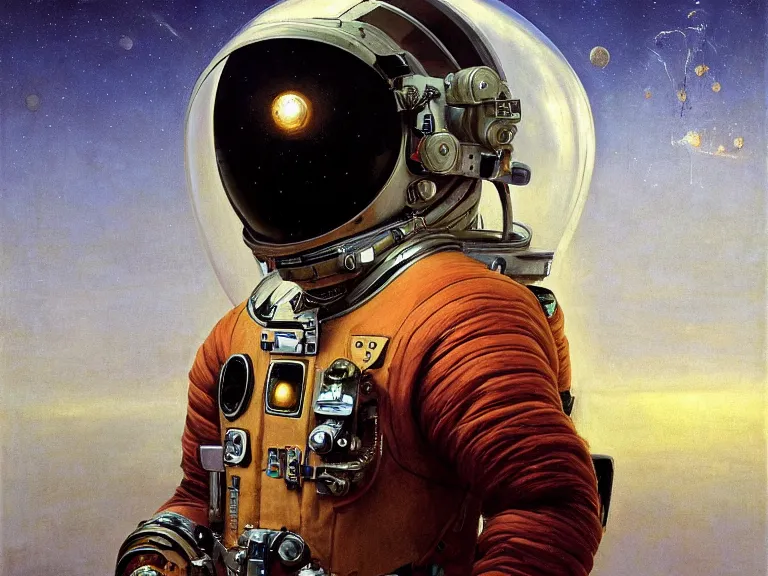 Image similar to a detailed profile oil painting of pilot in a spacesuit with reflective visor, flight suit, portrait symmetrical and science fiction theme with aurora lighting by beksinski carl spitzweg and tuomas korpi. baroque elements, full-length view. baroque element. intricate artwork by caravaggio. Trending on artstation. 8k