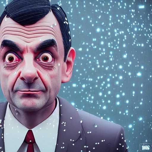 Image similar to a mr bean portrait, rain, neon, beautiful, rendered in octane, unreal engine, cinematic