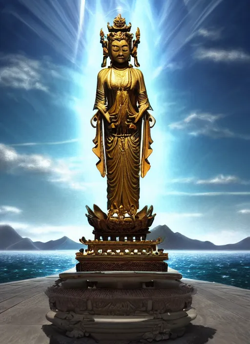 Image similar to guanyin stand on big loutus, a godness of the southern seas, a realistic setting with muted colors, visual novel cover, by yoshitaka amano, zeng fanzhi, jane hamilton, tiffany studios, sunrays shine uponit, frostbite 3 engine, cryengine, dof, trending on artstation, digital art, fantasy detailed background