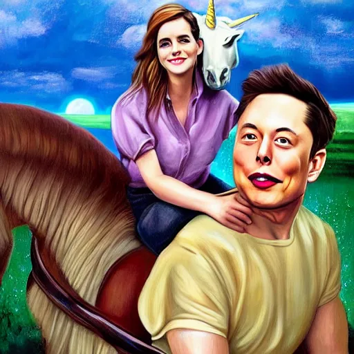 Image similar to an extremely high quality hd surrealism painting of elon musk riding a unicorn with emma watson's face