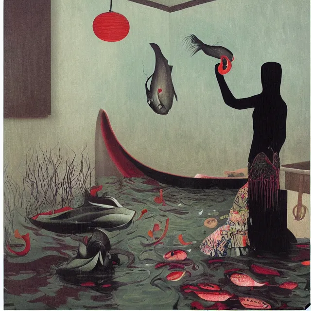 Image similar to tall emo female artist holding a large fish in her flooded kitchen, pomegranates, octopus, water gushing from ceiling, painting of flood waters inside an artist's apartment, a river flooding indoors, ikebana, zen, rapids, waterfall, black swans, canoe, berries, acrylic on canvas, surrealist, by magritte and monet