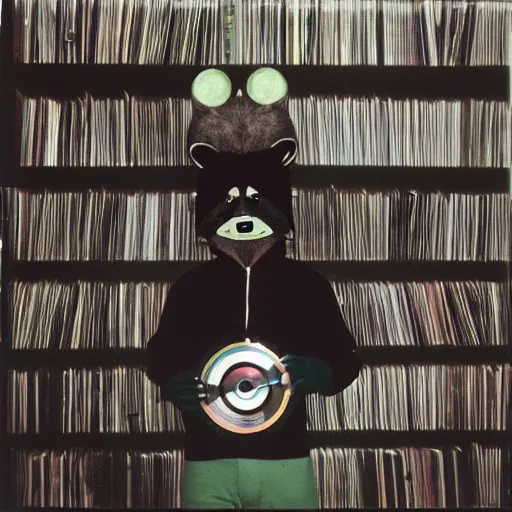 Prompt: medium shot, photo of a person in a detailed hyperrealistic raccoon mask, wearing a dark green hoodie, holding a pile of vinyl records, 8 0 - s, polaroid photo, by warhol,