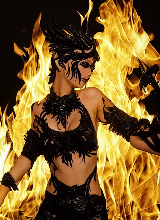 Prompt: sexy charlise theron, sensual painting, seductive look, dancing, holding flaming fire poi, large black feather wings, dark green smokey eyeshadow, massive fire and smoke surrounding her, lightpainting across the background, realistic, beautiful, dystopian, phoenix, intricate black obsidian, dragon, burning halo, intricate, cinematic, hyper realism, high detail, octane render, unreal engine, 8k, Smooth gradients, High contrast, depth of field, aperture f1.2, sunset halo behind her head, D&D, fantasy, highly detailed, digital painting, artstation, concept art, sharp focus, illustration, art by artgerm and greg rutkowski and alphonse mucha, WLOP, 8k render, detailed