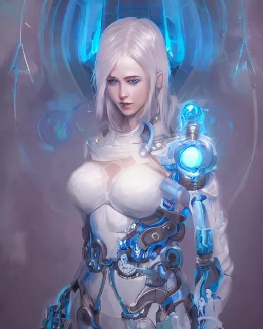 Image similar to holy cyborg necromancer girl, elegant, scifi, futuristic, utopia, garden, illustration, atmosphere, top lighting, blue eyes, white hair, focused, artstation, highly detailed, art by yuhong ding and chengwei pan and serafleur and ina wong