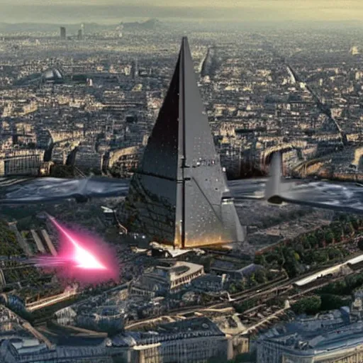 Image similar to Paris the French capital in 2050, attacked by a pyramid-shaped spaceship that shoots red lasers, multiple details, realistic, brilliant color, modern sci-fi movie style