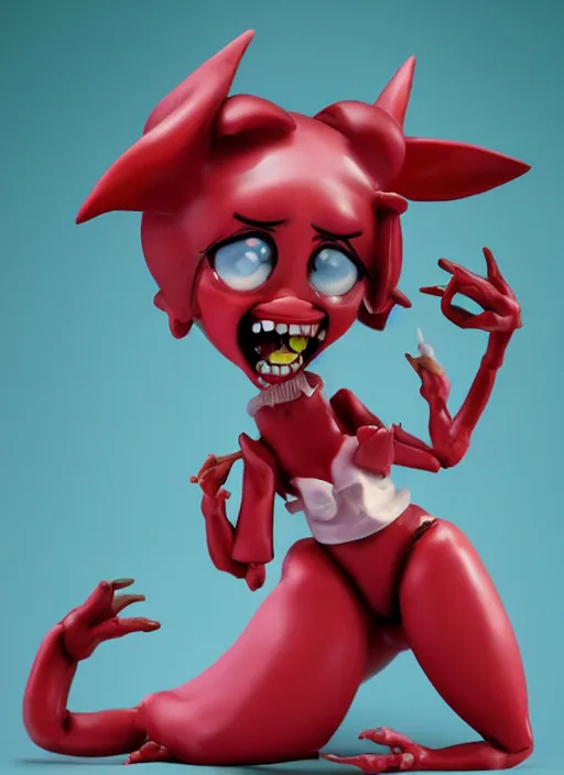 Image similar to a dramatic hyperrealistic pop surrealist oil panting of an enraged grotesque kawaii vocaloid figurine caricature screaming red in the face lunging with popping veins featured on gremlins by aardman animation made of gigachad