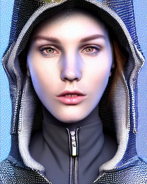 Prompt: detailed portrait European Pretty Modern Girl Dithering ditherpunk dither-punk Rain, Reflective jacket coat, Futuristic sci-fi fashion, royal attire 16 color 256 color Secret of Monkey Island Bayer dithering Floyd-Steinberg Jarvis-Judice-Ninke Atkinson Riemersma Perfect face, fine details, realistic shaded, fine-face, pretty face