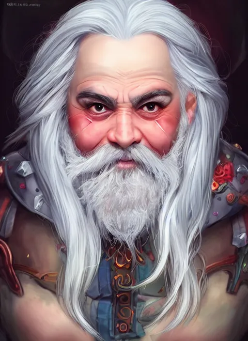 Prompt: happy dwarf with white hair, red iris, long beard, pale snow white skin, full body character portrait, colorful aesthetic, highly detailed, digital art by artgerm