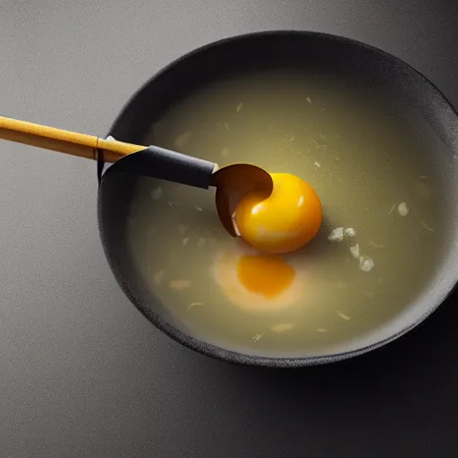 Image similar to a egg with yolk in a soup ladle, product render, octane, v ray, realistic