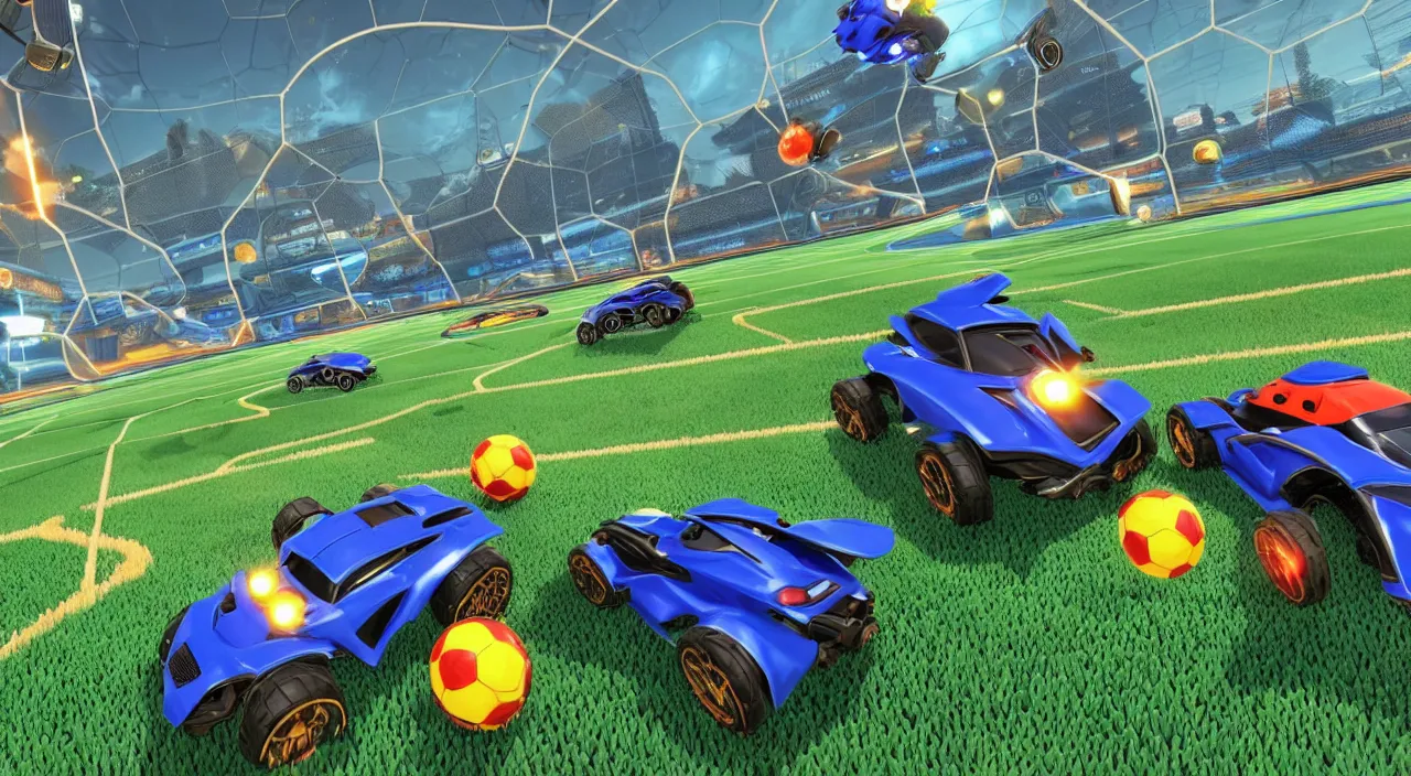 Image similar to a game of rocket league where the two cars have to stop due to a group of lost japanese tourists wandering across the field