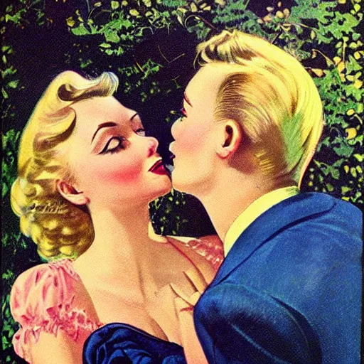 Prompt: “stunning, highly detailed portrait, very detailed, couple, tin can, blonde, color vintage magazine illustration 1950”