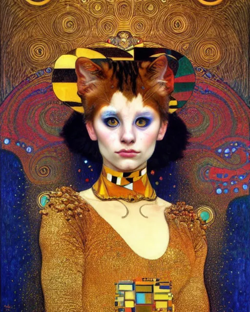 Image similar to magician cat portrait an oil painting splashes with many colors and shapes by gustav klimt greg rutkowski and alphonse mucha, polycount, generative art, psychedelic, fractalism, glitch art