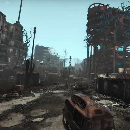 Image similar to Barcelona in ruins post-nuclear war in Fallout 4, in game screenshot
