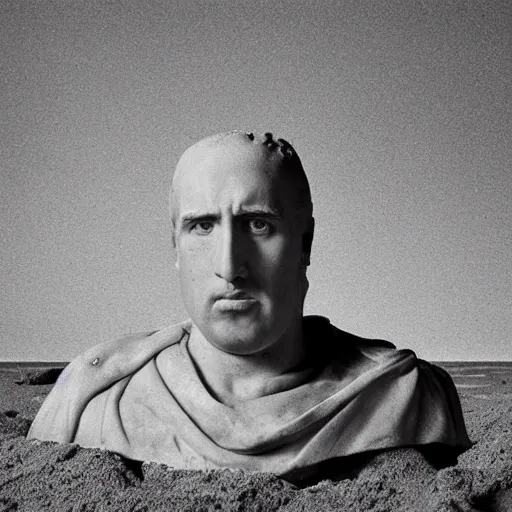 Prompt: Award-winning photograph by Chema Madoz. The photo depicts a decaying roman bust of Nicolas Cage at the bottom of the sea. Minimalism, high definition, perfect composition. Deep sea picture. Very dark. Volumetric Lighting. Fish. Darkness. Ruins