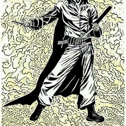 Image similar to pen and ink!!!! attractive 22 year old deus ex Frank Zappa x Ryan Gosling golden!!!! Vagabond!!!! floating magic swordsman!!!! glides through a beautiful!!!!!!! battlefield magic the gathering dramatic esoteric!!!!!! pen and ink!!!!! illustrated in high detail!!!!!!!! by Hiroya Oku!!!!!!!!! Written by Joseph Campbell graphic novel published on Cartoon Network MTG!!! 2049 award winning!!!! closeup facial portrait!!!!! action exposition villain!! reveal manga panel