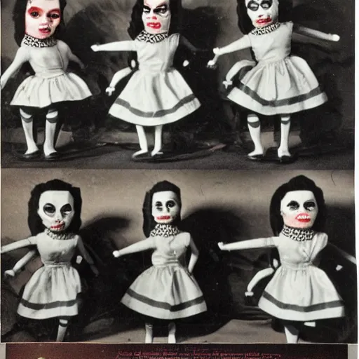 Image similar to 1 9 5 0 s, angry evil dolls coming to life and jump scaring, doll phobia, horror, polaroid,