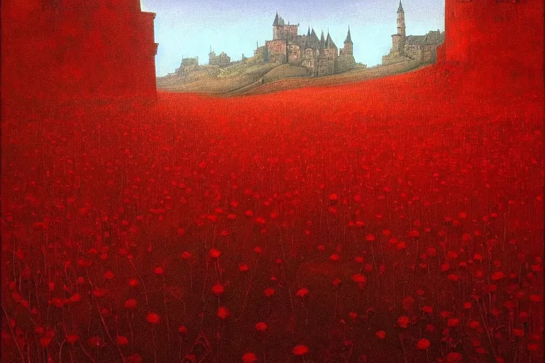 Image similar to only with red, red flowers, a red tiger, a castle in the background, medieval demons, an ancient path, in the style of beksinski, part by hopper, part by rodcenko, part by hofbauer, intricate composition, red by caravaggio, insanely quality, highly detailed, masterpiece, red light, artstation