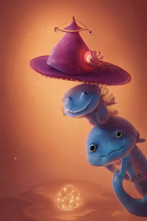 Image similar to Bioluminescent, portrait of axolotl wearing wizard hat, very intricate , trending on artstation , very elegant, in the golden hour by Daniel Merriam, Trending on Artstation, oil on Canvas by Elena Zhurikhina and Goro Fujita and Charlie Bowater, octane render, 4k, 8k, HD