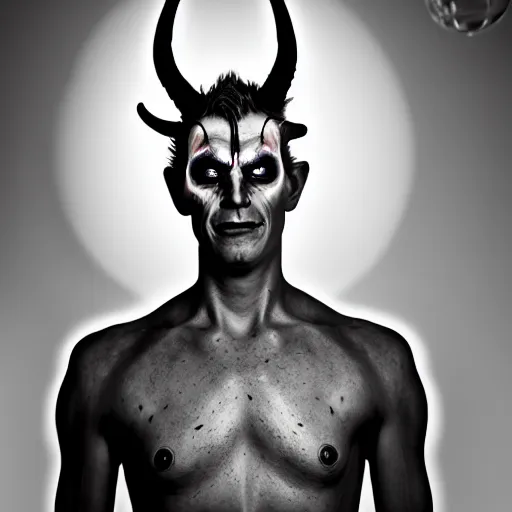 Image similar to photorealistic, iso - 4 0 0, canon eos 5 d mark iv, shot on 7 0 mm, portrait of male archangel bellringer form lexx by lee jeffries and platon colloidal silver skin makeup, flames halo ring over head, demonic, horns, fangs, nd 4, perfect studio lighting