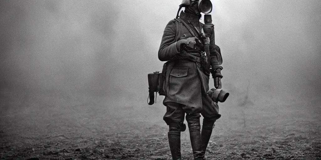 Image similar to wwi soldier wearing a gas mask walking through smoke, centerscreen, 8 5 mm lens, no man's land, muddy, cinematic, atmospheric, shot on arri alexa