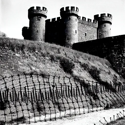 Image similar to a medieval castle on a hill, surrounded by renaissance era fortress walls, surrounded by barbed wire and trenches, black and white photography, 3 5 mm film