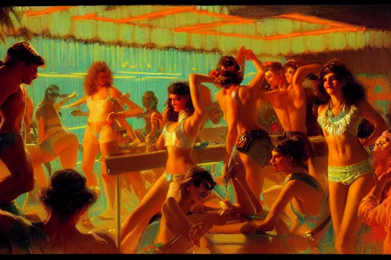 Prompt: 8 0's spring break party, neon light, painting by gaston bussiere, craig mullins, j. c. leyendecker