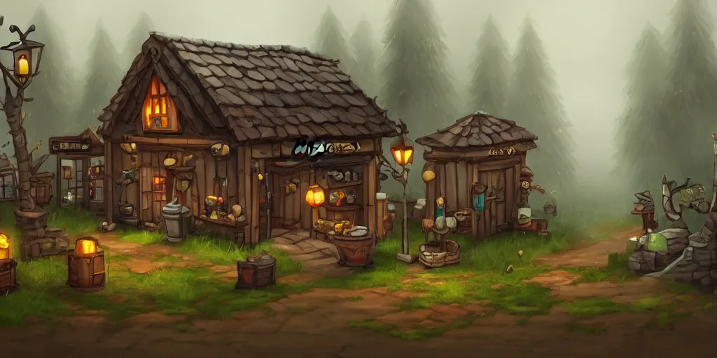 Prompt: apothecary shop, in a village, in the woods, ominous mist, high quality masterpiece acclaimed 2 d platformer, artstation