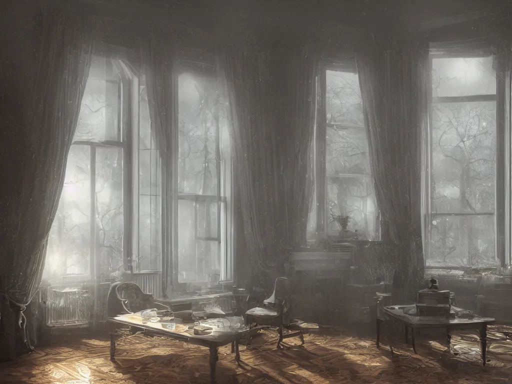 Image similar to richly decorated Victorian house with a moog modular synthesizer, modern, beautiful, detailed wood, photorealistic, photorealism, lightning, clouds, the winter light comes in through a window, volumetric fog