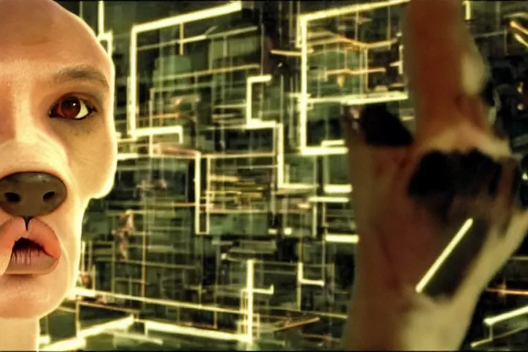 Prompt: cyborg - pitbull, surrounded by screens, in 4 0 5 5, y 2 k cybercore, industrial low - light photography, still from a kiyoshi kurosawa movie