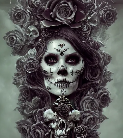 Image similar to a chaotic goddess of death skeleton as a heroine, intricate, elegant skull black rose s day of the dead atmospheric, dramatic, Trending on artstation. augmentations and cybernetic enhancements neon circuits, greg rutkowski , hyperrealist, cinema4D, 8k highly detailed