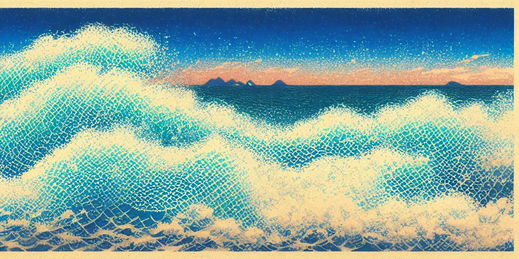 Prompt: clouds and waves, An aesthetically pleasing, dynamic, energetic, lively, complex, intricate, detailed, well-designed digital art of a beach, ripples, waves, sea foam, light and shadow, overlaid with aizome patterns, Shin-hanga by Thomas Kinkade and Bob Ross, traditional Japanese colors, superior quality, masterpiece, featured, trending, award winning, HDR, HD, UHD, 4K, 8K, anamorphic widescreen