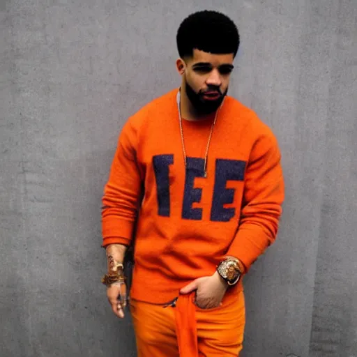 Prompt: drake, red white and orange colored outfit