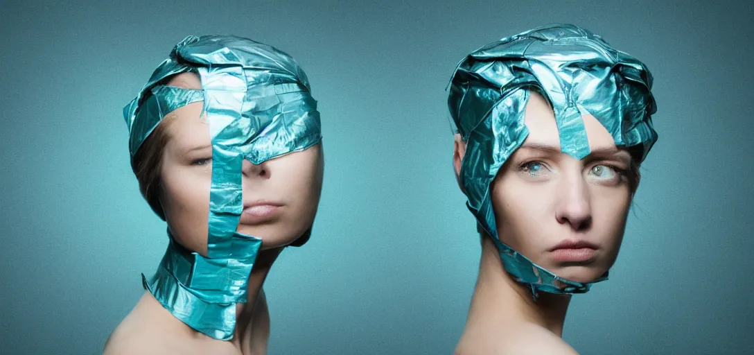 Prompt: a beautiful studio portrait of a head completely wrapped in duct tape except for the hair. against a dark cyan backdrop.