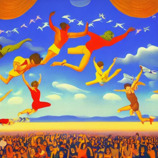 Prompt: a group of people flying through the air, an album cover by Robert Colescott, tumblr contest winner, sots art, glitchy, wallpaper, 2d