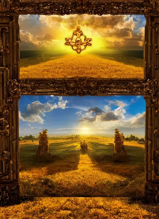 Image similar to Fine Art photo landscape, gates of heaven, golden kingdom, Flying angels, photorealism, 8k