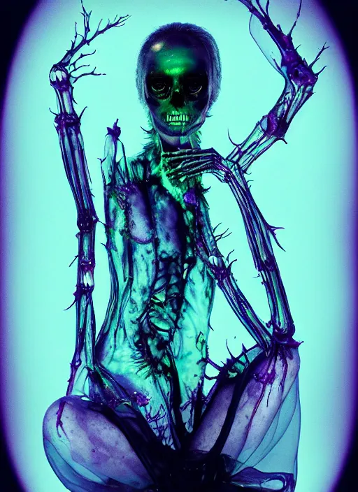 Prompt: darkly cinematic shot of sloppy saliva goo creature queen ungulate fae ferret of sticky slime crouched within a liquid fool, boney translucent x ray transparent skin skeletal, her iridescent membranes, flaring gills, shades of aerochrome, eerie, occult, gelatinous symmetrical, bubbling ooze covered serious