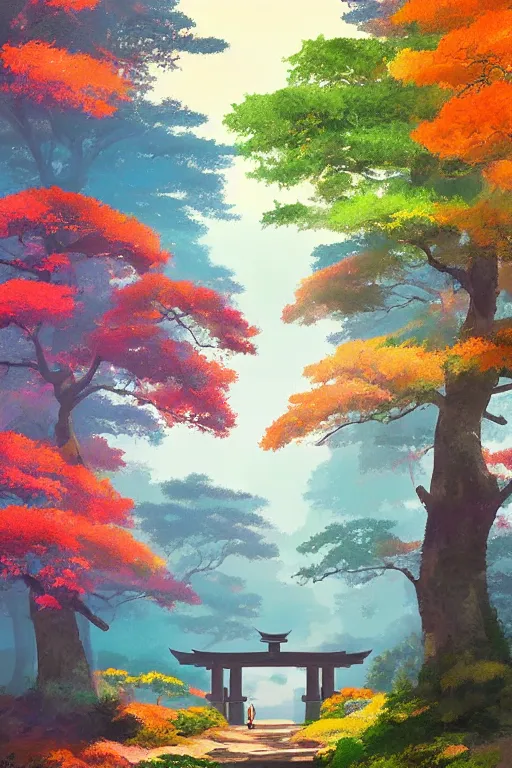 Image similar to Japanese Torii in a colorful moutain with COLORFUL trees ,morning , by studio ghibli painting, superior quality, masterpiece, by Grzegorz Rutkowski, concept art