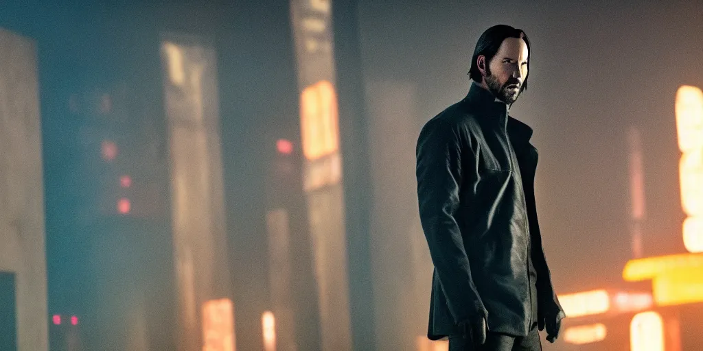 Image similar to Epic cinematic film still of Keanu Reeves in Blade Runner 2049
