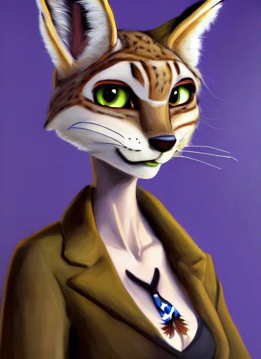 Prompt: oil painting of anthromorphic female lynx damaged zombie, in style of zootopia, female fursona, furry, furaffinity, 4 k, deviantart, furry art, fursona art, wearing black business suit, business suit, lynx fursona, female, very expressive detailed feminine face,