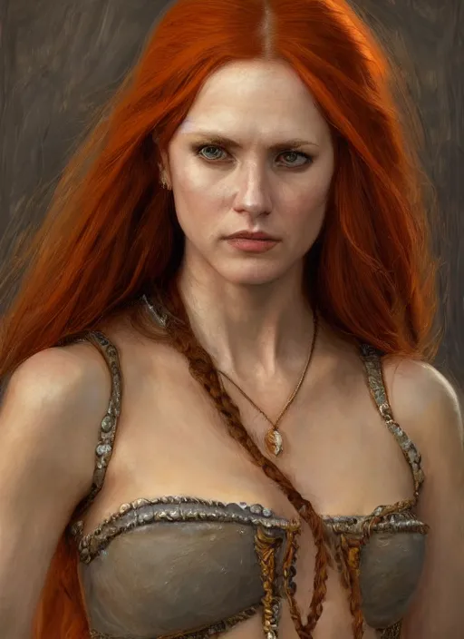 Prompt: a portrait of a white woman in her twenties, she has long orange brown hair, white long tanktop, medieval, style by donato giancola, wayne reynolds, jeff easley dramatic light, high detail, cinematic lighting, artstation, dungeons and dragons