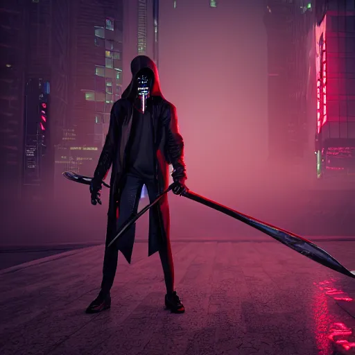 Image similar to hyper realistic neon grimm reaper holding a scythe, photorealistic cinematic render, octane render, cyberpunk graveyard with fog atmosphere