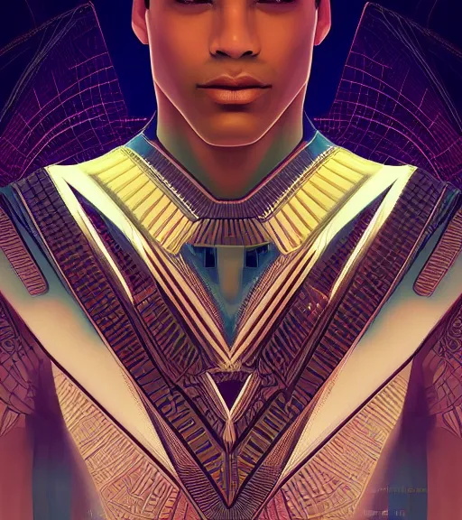 Image similar to symmetry!! egyptian prince of technology, solid cube of light, hard edges, product render retro - futuristic poster scifi, lasers and neon circuits, brown skin man egyptian prince, intricate, elegant, highly detailed, digital painting, artstation, concept art, smooth, sharp focus, illustration, dreamlike, art by artgerm