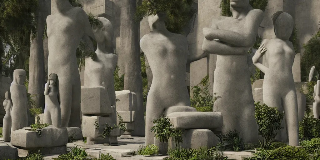 Image similar to Garden of Mysteries, surrealism, outside, monolithic statues , intricate artwork by caravaggio. Trending on artstation, octane render, cinematic lighting from the right, hyper realism, octane render, 8k, depth of field, 3D