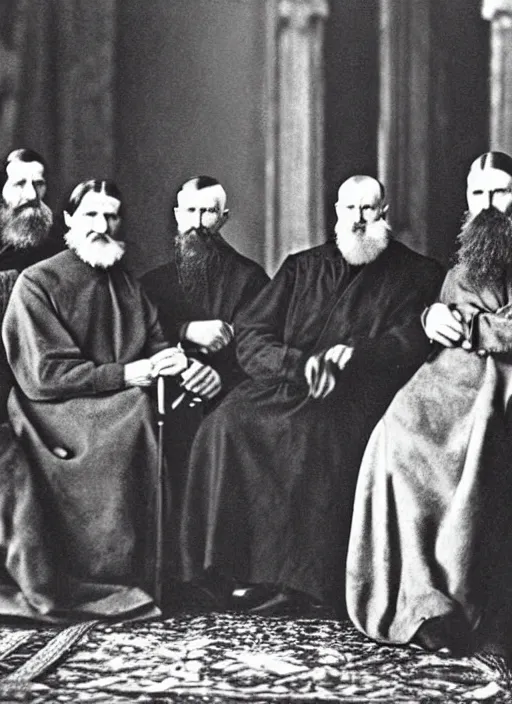 Prompt: a royal court gathering of tsar nicholas, rasputin, circa 1 9 1 4 but as a real life color photo