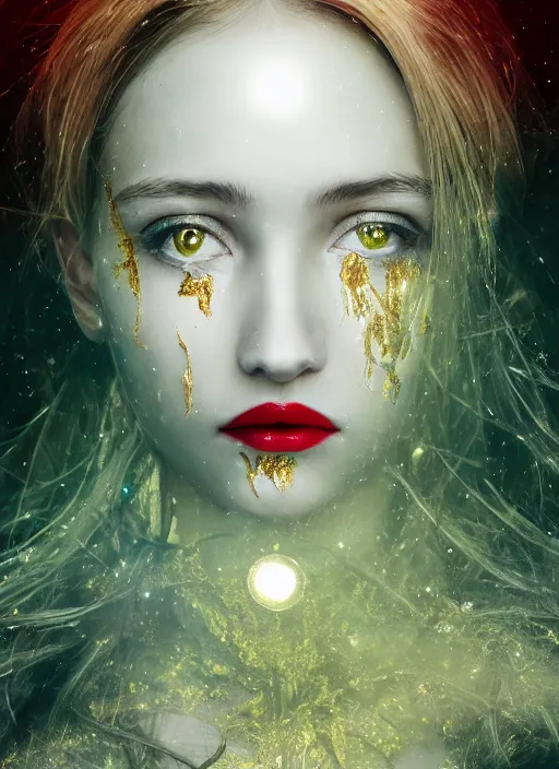 Prompt: white moon, glowing silver and golden elements, full close-up portrait, young female model from shutterstock as a dark witch, book cover, green forest, red lips, establishing shot, extremly high detail, photo-realistic, cinematic lighting, pen and ink, intricate line drawings, by Yoshitaka Amano, Ruan Jia, Kentaro Miura, Artgerm, post processed, concept art, artstation, matte painting, style by eddie, raphael lacoste, alex ross