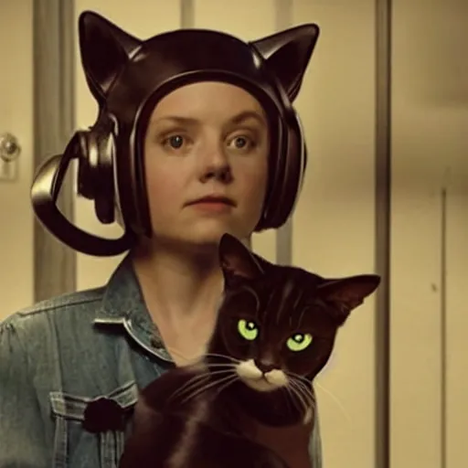 Image similar to movie still of a girl with a cyborg cat helmet, cinematic composition, cinematic light, by edgar wright and david lynch