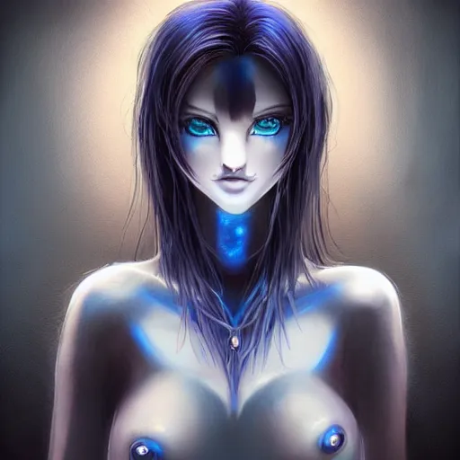 Prompt: beautiful monster girl, black hair, blue eyes, glowing skin, photorealistic